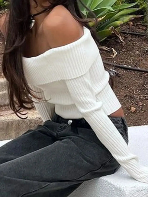 'Bellamy' Off Shoulder Fold Over Knit Top - Celes Fashion